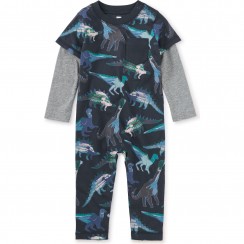 Tea Collection Watercolor Dinosaurs  Layered Sleeve Romper